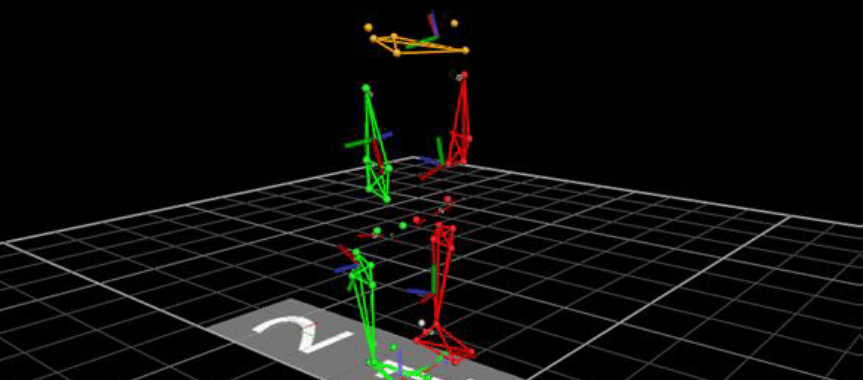 A motion capture wire frame of someone about to do a drop jump test to assess ACL recovery